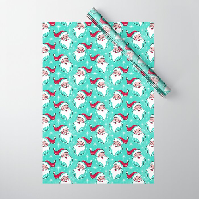 'Tis The Season Retro Santa Aqua Multi Pattern Wrapping Paper Gallery Image 1