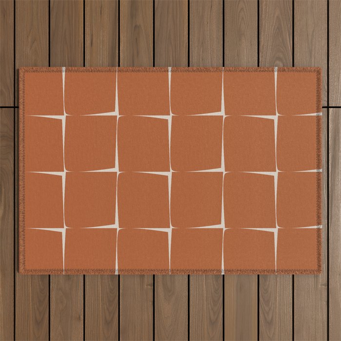 Terracotta Rust Minimal Midcentury Modern Flux Check Grid Pattern Outdoor Rug Gallery Image 1