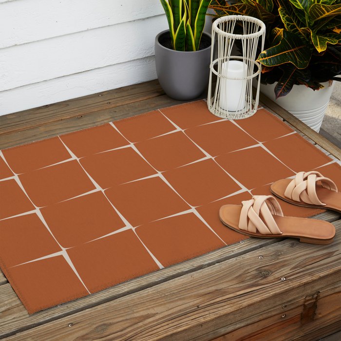 Terracotta Rust Minimal Midcentury Modern Flux Check Grid Pattern Outdoor Rug Gallery Image 2