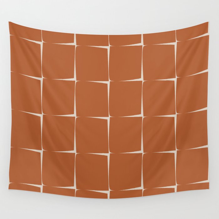 Terracotta Rust Minimal Midcentury Modern Flux Check Grid Pattern Wall Tapestry Gallery Image 1
