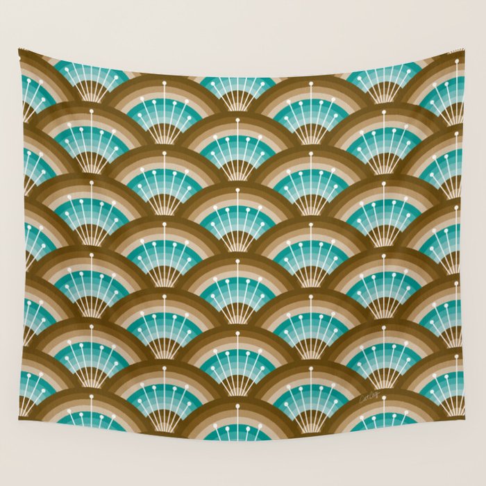 Stellar Seigaiha Wave - Chocolate & Turquoise Wall Tapestry Gallery Image 4