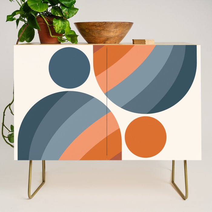 Mid Century Modern Geometric Arch a15 in Navy Blue and Orange Credenza Gallery Image 1