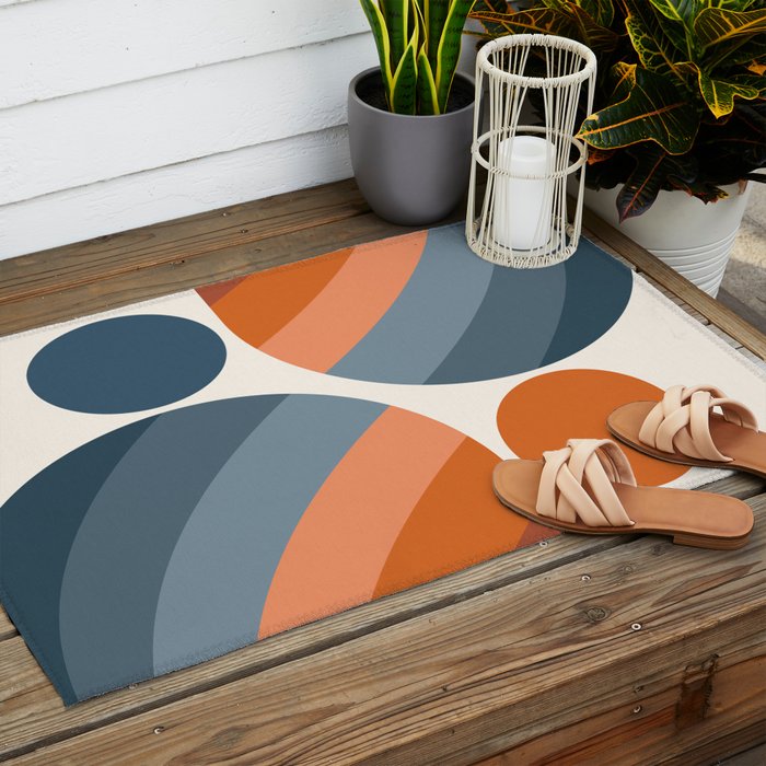 Mid Century Modern Geometric Arch a15 in Navy Blue and Orange Outdoor Rug Gallery Image 2