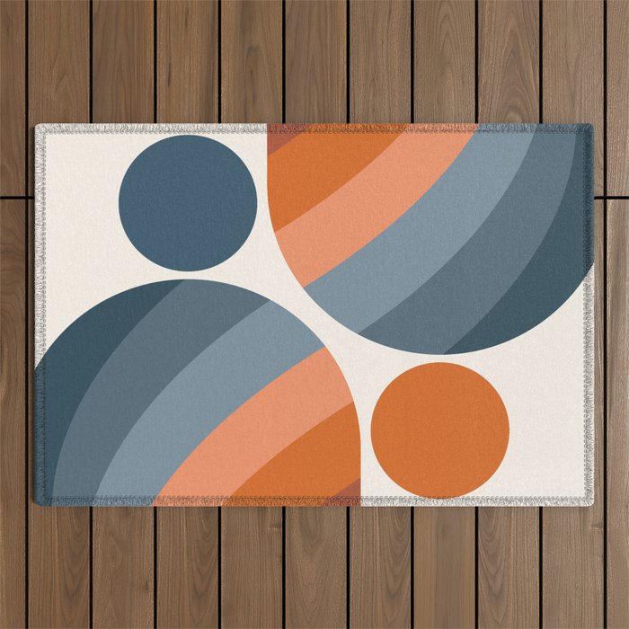Mid Century Modern Geometric Arch a15 in Navy Blue and Orange Outdoor Rug Gallery Image 1
