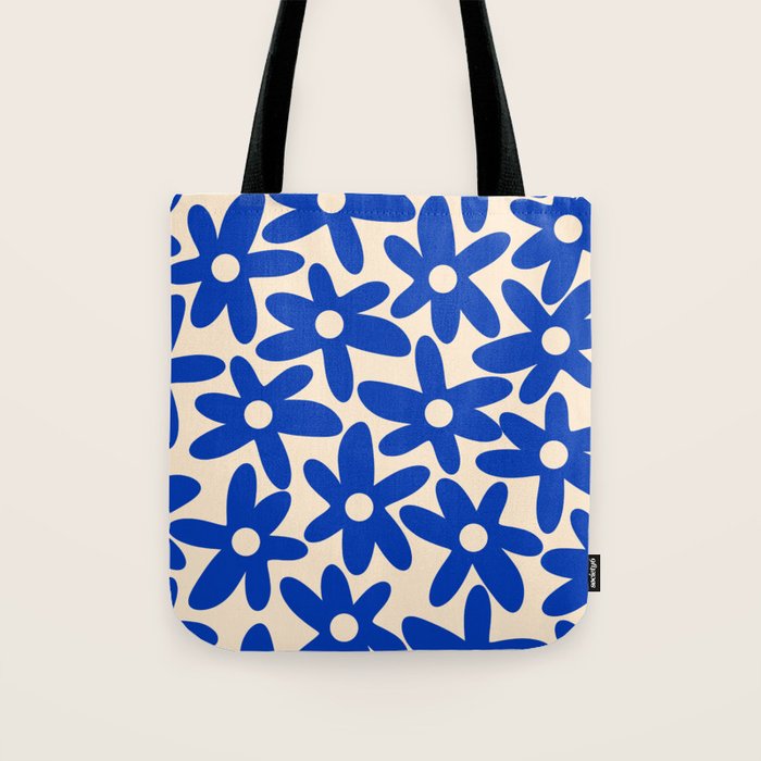 Daisy Time Retro Floral Pattern in Bright Blue and Cream Tote Bag Gallery Image 1