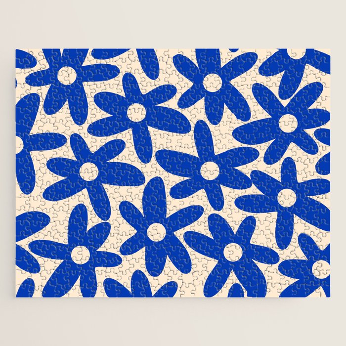 Daisy Time Retro Floral Pattern in Bright Blue and Cream Jigsaw Puzzle Gallery Image 1