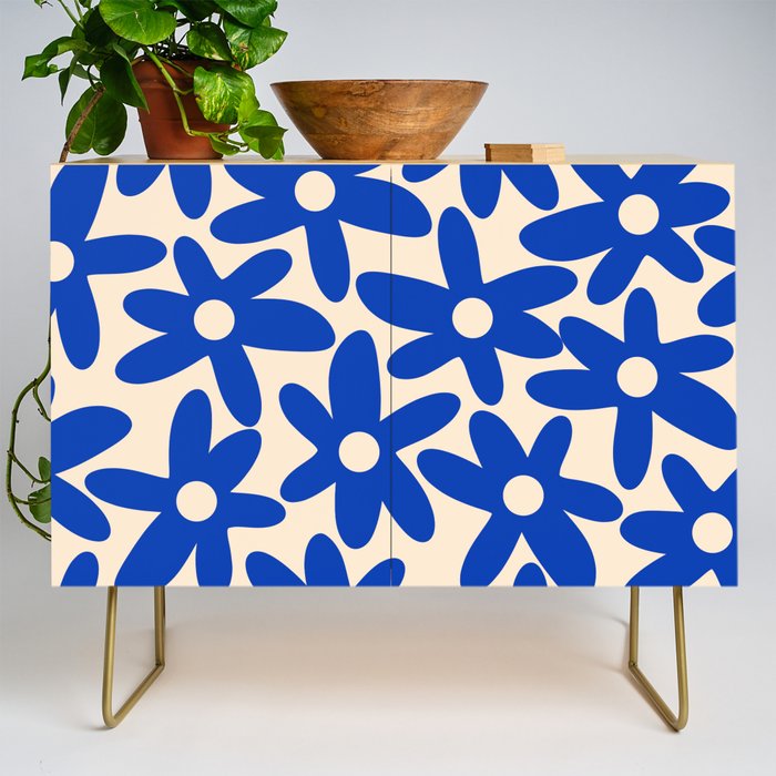 Daisy Time Retro Floral Pattern in Bright Blue and Cream Credenza Gallery Image 1