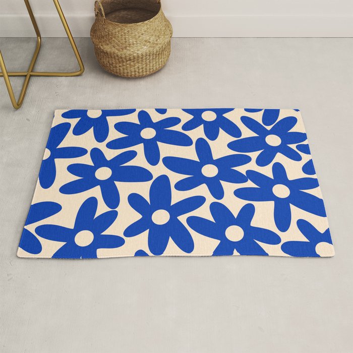 Daisy Time Retro Floral Pattern in Bright Blue and Cream Rug Gallery Image 1
