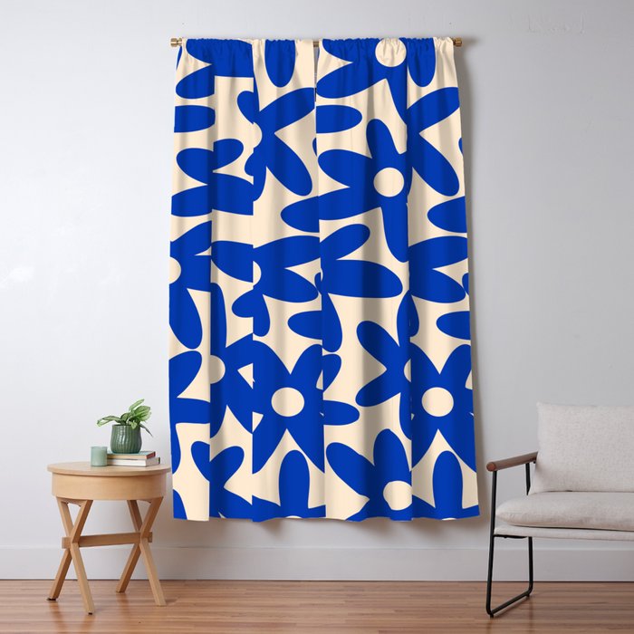 Daisy Time Retro Floral Pattern in Bright Blue and Cream Window Curtain Gallery Image 1