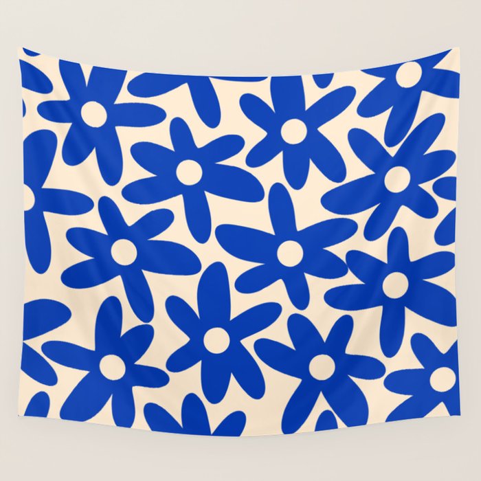 Daisy Time Retro Floral Pattern in Bright Blue and Cream Wall Tapestry Gallery Image 4