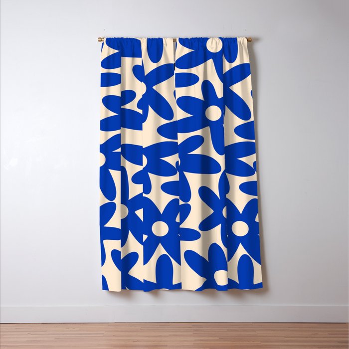 Daisy Time Retro Floral Pattern in Bright Blue and Cream Window Curtain Gallery Image 3