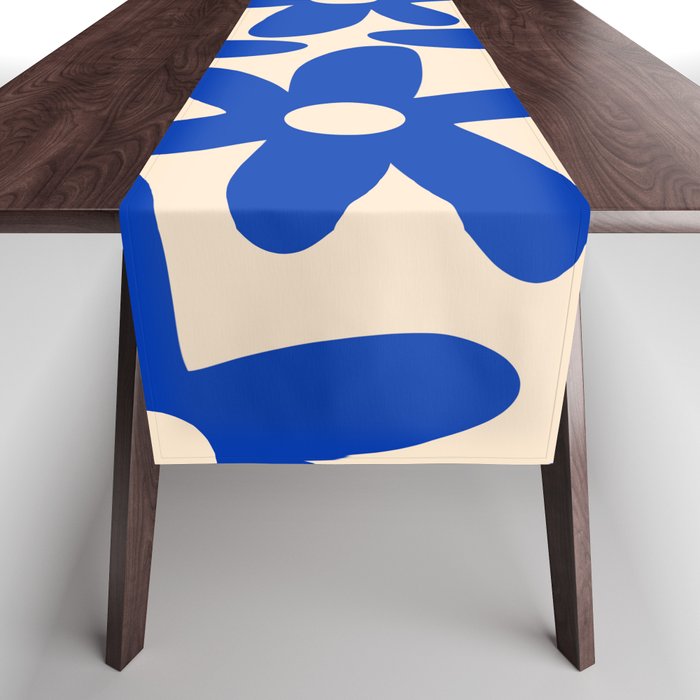 Daisy Time Retro Floral Pattern in Bright Blue and Cream Table Runner Gallery Image 1