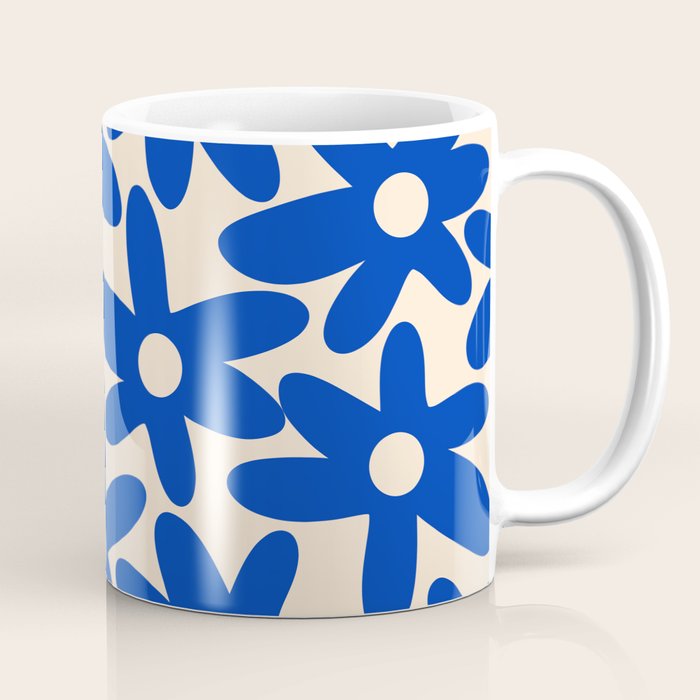 Daisy Time Retro Floral Pattern in Bright Blue and Cream Coffee Mug Gallery Image 1