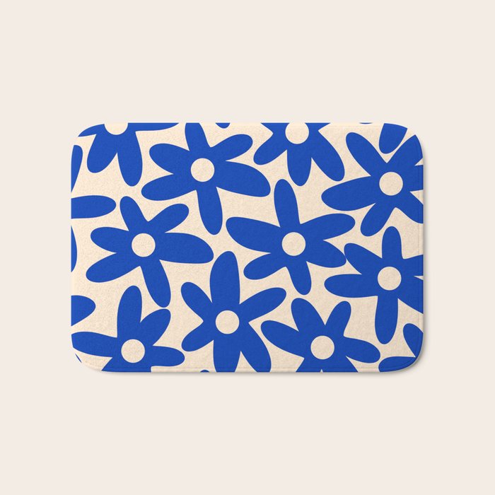 Daisy Time Retro Floral Pattern in Bright Blue and Cream Bath Mat Gallery Image 1