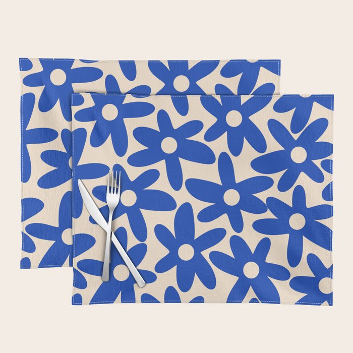 Daisy Time Retro Floral Pattern in Bright Blue and Cream Placemat Gallery Image 1
