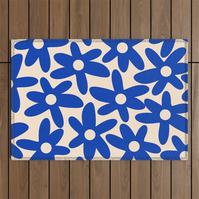 Daisy Time Retro Floral Pattern in Bright Blue and Cream Outdoor Rug Gallery Image 1