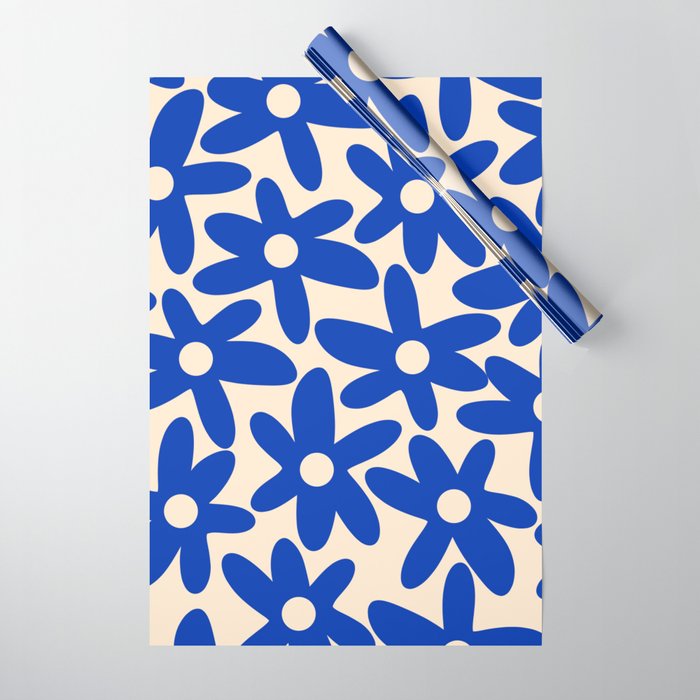 Daisy Time Retro Floral Pattern in Bright Blue and Cream Wrapping Paper Gallery Image 1