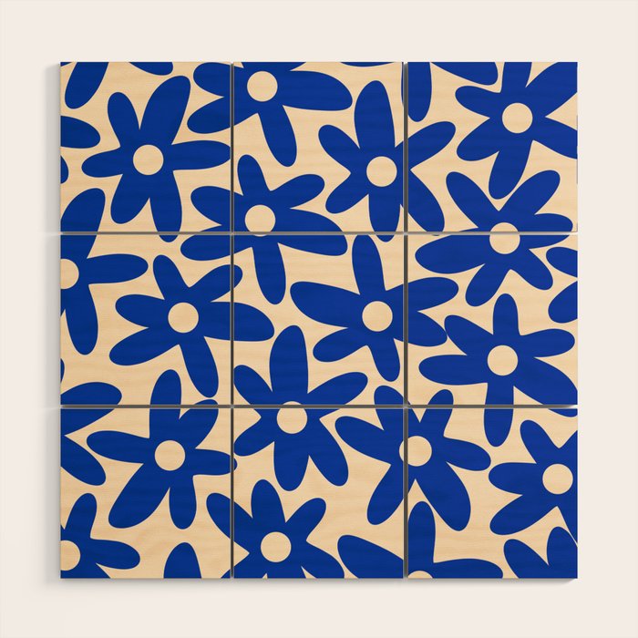 Daisy Time Retro Floral Pattern in Bright Blue and Cream Wood Wall Art Gallery Image 1