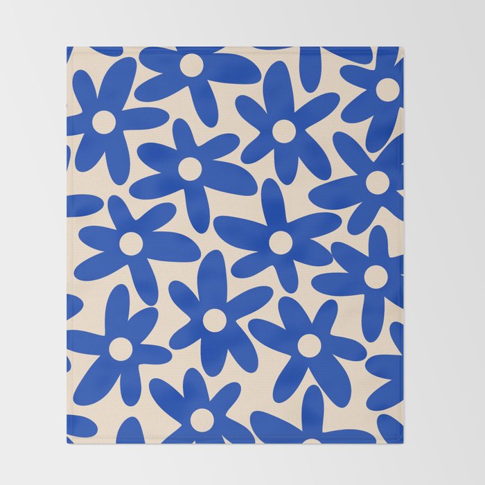 Daisy Time Retro Floral Pattern in Bright Blue and Cream Throw Blanket Gallery Image 2