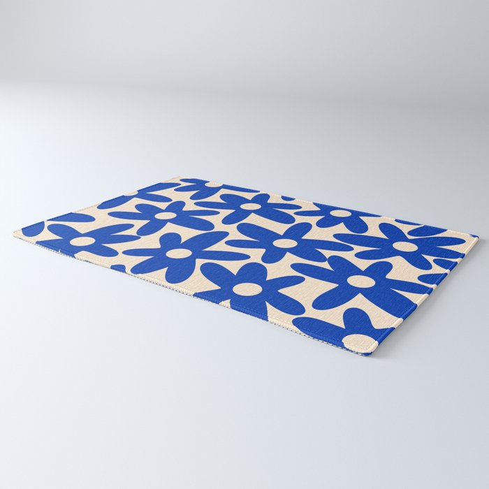 Daisy Time Retro Floral Pattern in Bright Blue and Cream Rug Gallery Image 3