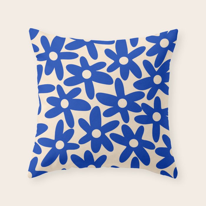 Daisy Time Retro Floral Pattern in Bright Blue and Cream Throw Pillow Gallery Image 1