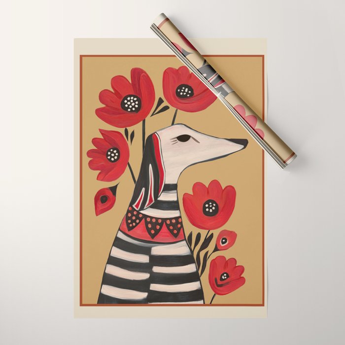 Striped Dog with Poppies Wrapping Paper Gallery Image 1