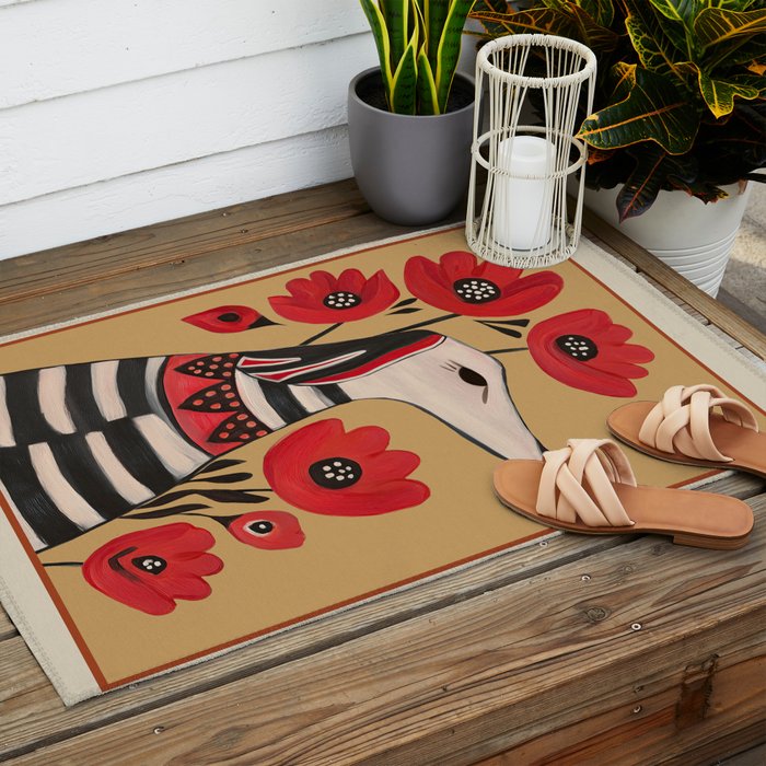 Striped Dog with Poppies Outdoor Rug Gallery Image 2