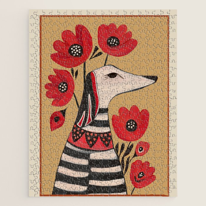 Striped Dog with Poppies Jigsaw Puzzle Gallery Image 1