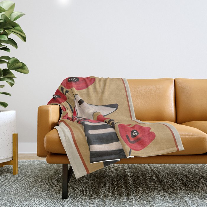Striped Dog with Poppies Throw Blanket Gallery Image 1