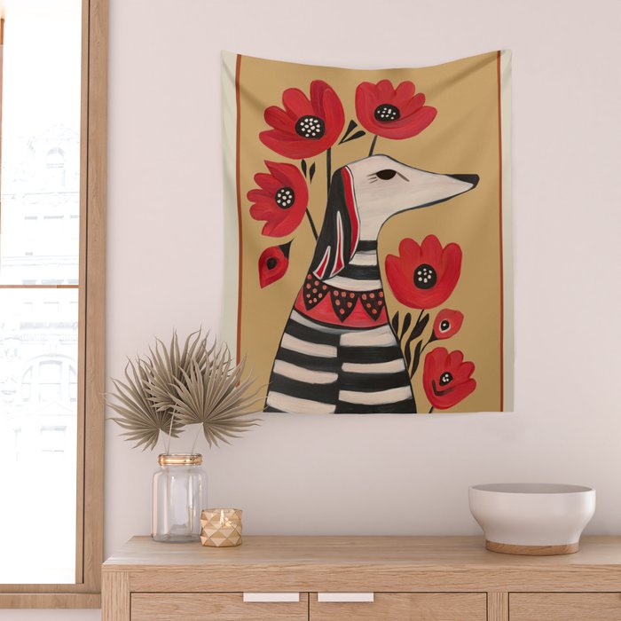 Striped Dog with Poppies Wall Tapestry Gallery Image 2