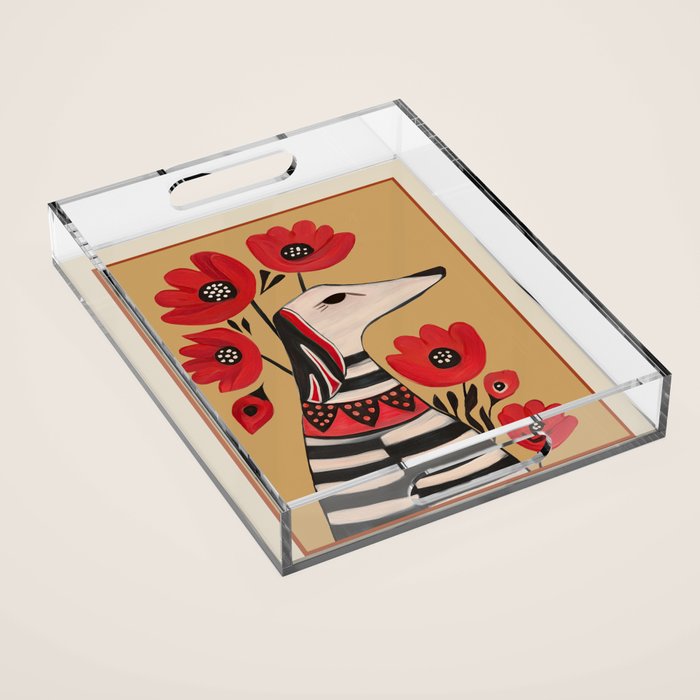 Striped Dog with Poppies Acrylic Tray Gallery Image 1