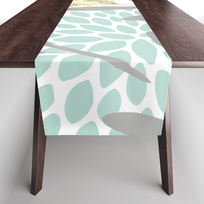 Floral Prints, Leaves and Blooms, Gray, Yellow and Aqua Table Runner Gallery Image 1