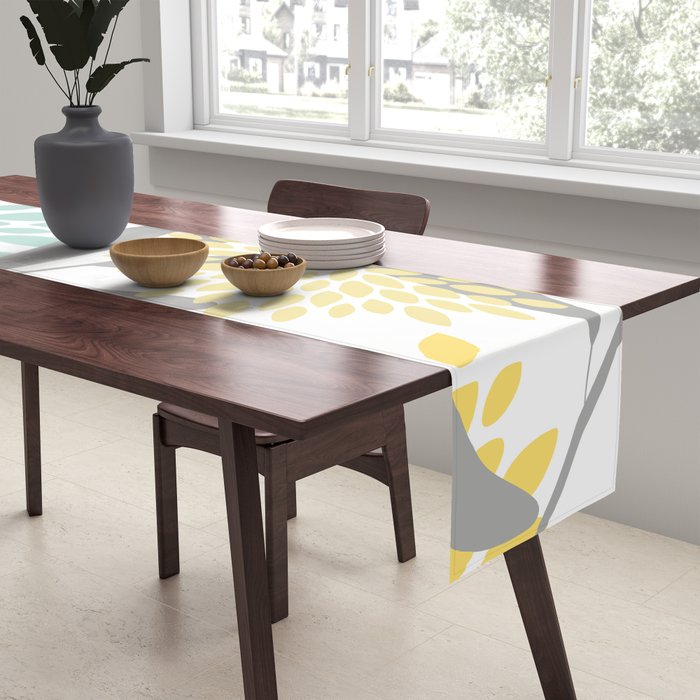 Floral Prints, Leaves and Blooms, Gray, Yellow and Aqua Table Runner Gallery Image 2