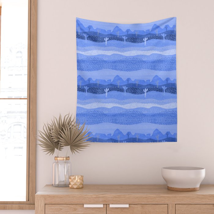 Vintage Western Desert Landscape in Night Blue Wall Tapestry Gallery Image 2