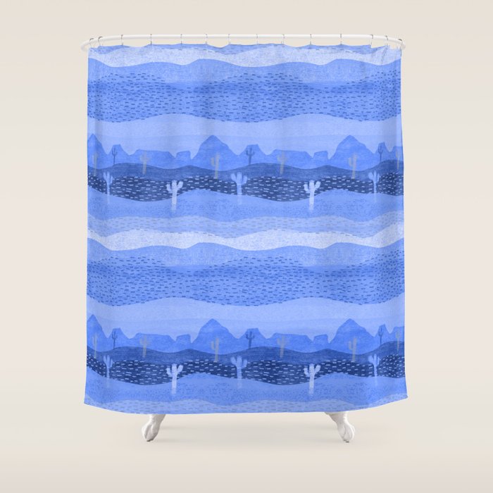 Vintage Western Desert Landscape in Night Blue Shower Curtain Gallery Image 1