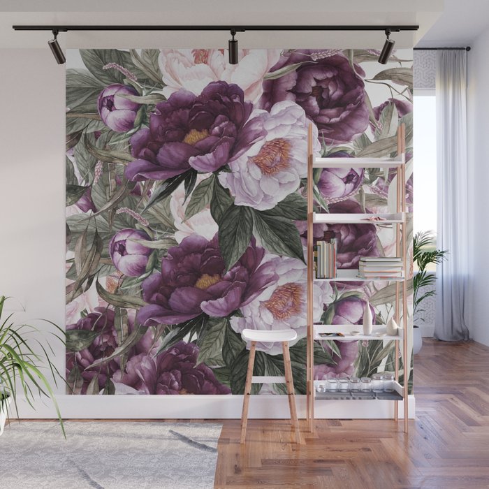 Purple Plum Pink Watercolor Peonies and Greenery Wall Mural Gallery Image 1