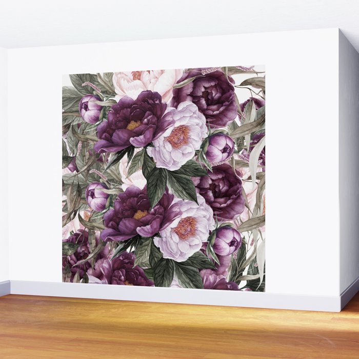 Purple Plum Pink Watercolor Peonies and Greenery Wall Mural Gallery Image 2