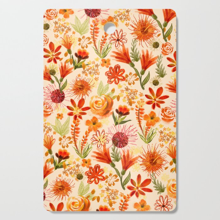 Watercolor flowers, orange, red, boho, pretty, bright colours Cutting Board Gallery Image 1