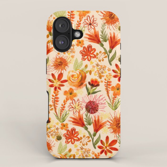 Watercolor flowers, orange, red, boho, pretty, bright colours iPhone Case Gallery Image 1