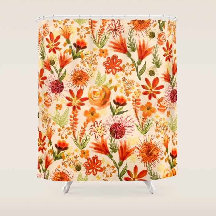 Watercolor flowers, orange, red, boho, pretty, bright colours Shower Curtain Gallery Image 1