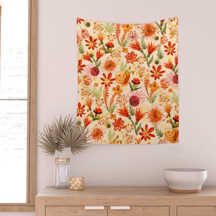 Watercolor flowers, orange, red, boho, pretty, bright colours Wall Tapestry Gallery Image 2