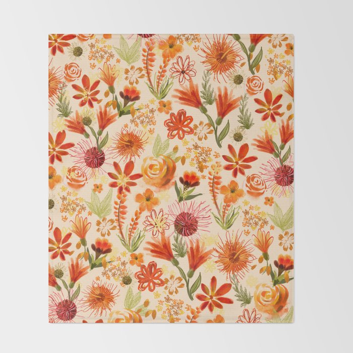 Watercolor flowers, orange, red, boho, pretty, bright colours Throw Blanket Gallery Image 2