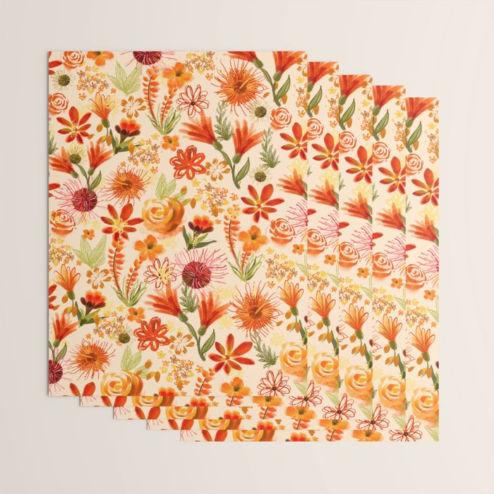 Watercolor flowers, orange, red, boho, pretty, bright colours Wrapping Paper Gallery Image 3