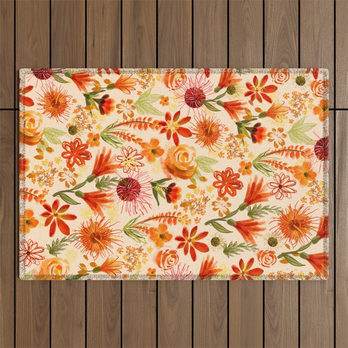 Watercolor flowers, orange, red, boho, pretty, bright colours Outdoor Rug Gallery Image 1