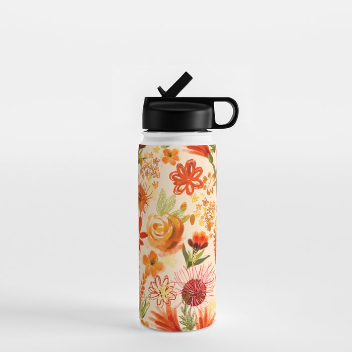Watercolor flowers, orange, red, boho, pretty, bright colours Water Bottle Gallery Image 1