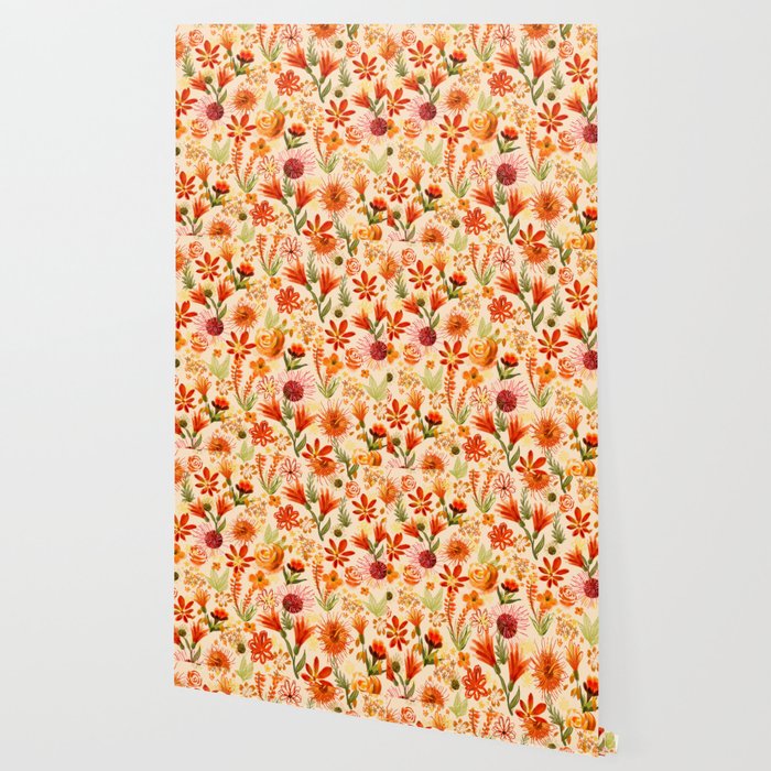 Watercolor flowers, orange, red, boho, pretty, bright colours Wallpaper Gallery Image 2