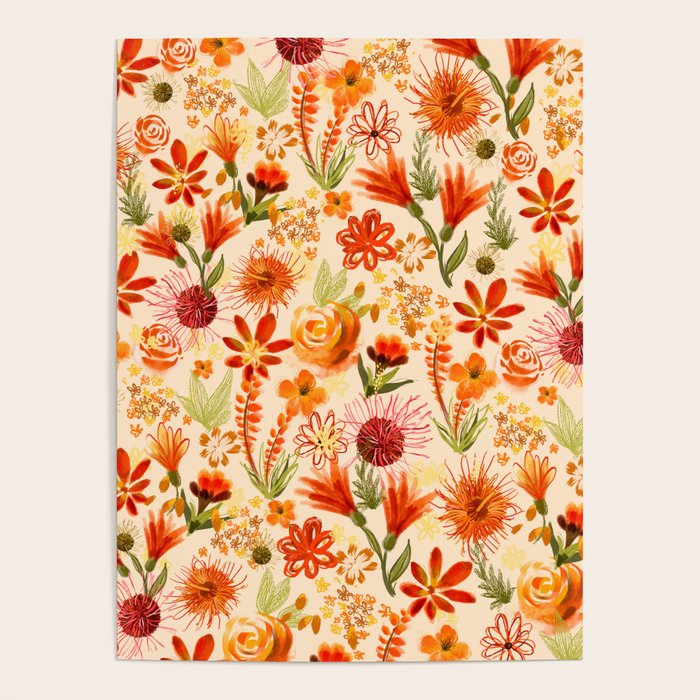 Watercolor flowers, orange, red, boho, pretty, bright colours Poster Gallery Image 4