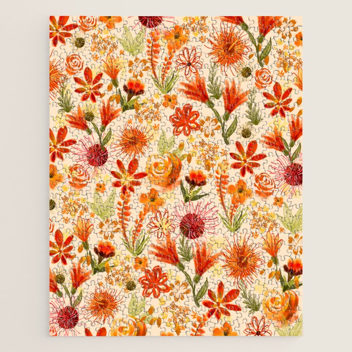 Watercolor flowers, orange, red, boho, pretty, bright colours Jigsaw Puzzle Gallery Image 1
