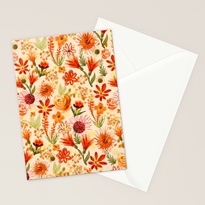 Watercolor flowers, orange, red, boho, pretty, bright colours Stationery Card Gallery Image 2