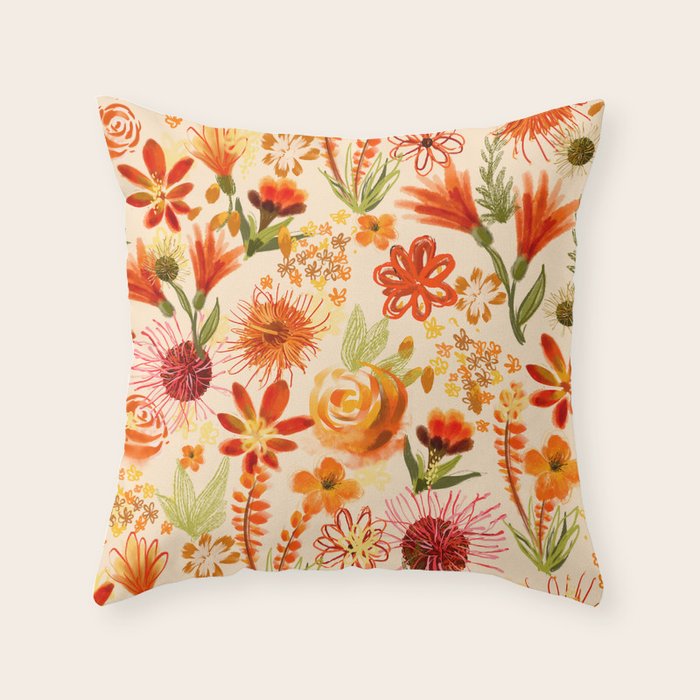 Watercolor flowers, orange, red, boho, pretty, bright colours Throw Pillow Gallery Image 6